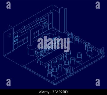 Isometric restaurant interior with symmetrical tables and chairs in a cozy dining area. The clean white contour lines stand out against a solid blue b Stock Vector
