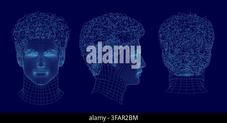 A 3D wireframe male head model with detailed facial features, styled hair, and a geometric fashion collection aesthetic on a solid blue background. Stock Vector