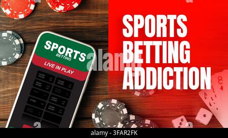 Smartphone shows sports betting option with poker chips and playing cards on table Stock Photo