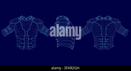 Three distinct armor blueprints feature chest plates, shoulder pads, and arm guards on a blue background. The detailed wireframe reveals intricate pat Stock Vector