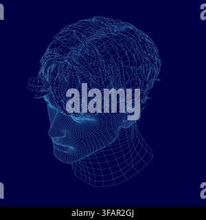 A 3D wireframe of a male head with detailed facial features and hair, constructed from interconnected lines and geometric shapes on a solid blue backg Stock Vector