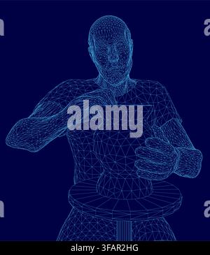 A male sculptor working on a digital wireframe model sits at a table with a coffee cup. The deep blue background creates a mysterious and captivating Stock Vector