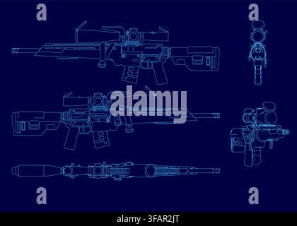 Modern sniper rifle blueprint with detailed contour lines on a solid blue background. Key components like the barrel, scope, and stock are clearly def Stock Vector