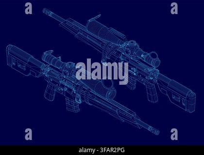 A modern sniper rifle blueprint rendered as a detailed 3D wireframe model on a blue background, featuring the barrel, scope, and stock. Stock Vector