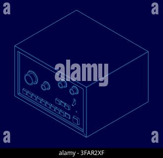 A 3D cube amplifier model on a blue background features detailed knobs and buttons for controlling rhythm and contour. This digital arranger interface Stock Vector