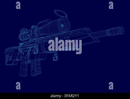 A modern sniper rifle blueprint rendered as a detailed 3D wireframe model, featuring the barrel, scope, and handle on a solid blue background. Stock Vector