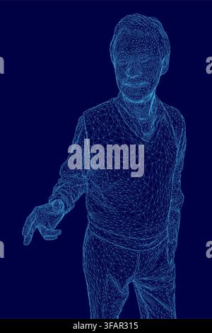 An old man's 3D wireframe model stands with arms outstretched against a solid blue background. The intricate design is composed of interconnected line Stock Vector