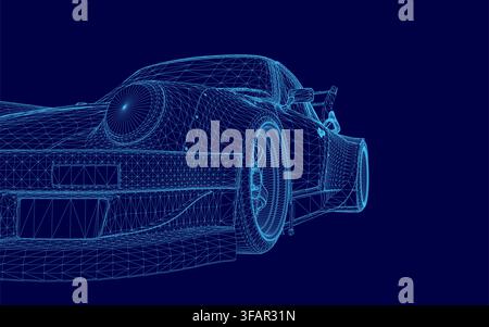 A 3D wireframe model of a high-performance sports car on a solid blue background, showcasing its sleek aerodynamic design and detailed engineering. Stock Vector