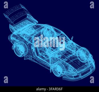 A blue wireframe of a sport car rotates on a dark blue background, showcasing its sleek design and futuristic technology. Stock Vector