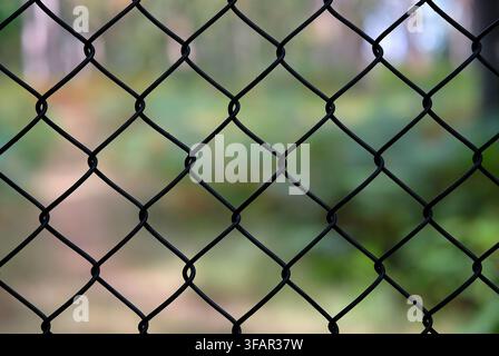 security chain link fence with blurred woodland background Stock Photo