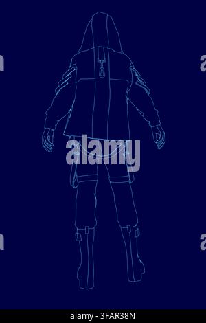 Woman in a hoodie, depicted as a blue line drawing on a dark blue background. The character's military equipment and clothing are shown in clean conto Stock Vector