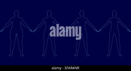 Four female body poses in dynamic line art silhouettes, featuring both slim and full contours with outstretched arms and legs against a solid blue bac Stock Vector