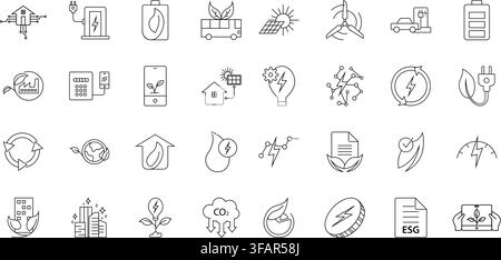 Collection of modern renewable energy and green technology line icons featuring solar power, wind energy, electric vehicles, clean technology, sustain Stock Vector