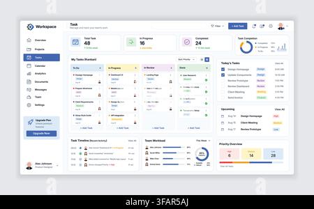 Modern task management dashboard UI template featuring Kanban workflow, task statistics, daily tasks, upcoming activities, priority overview, team wor Stock Vector