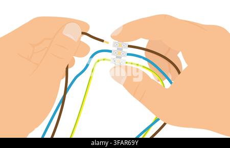 Hands Connecting Electrical Wires to Terminal Block Connector Stock Vector