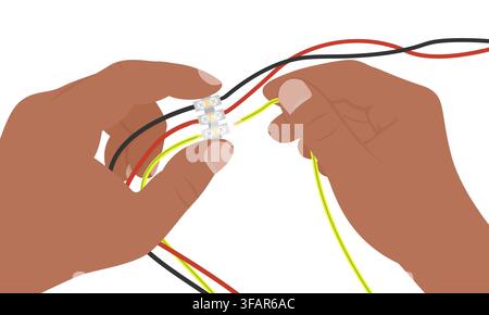 Dark Skin Hands Connecting Electrical Wires to Terminal Block Stock Vector