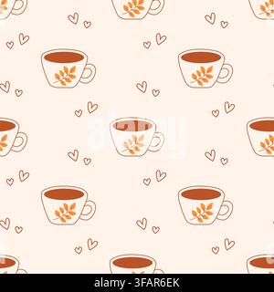 Seamless pattern with cups of aromatic coffee or ripening tea. Background with hearts and hot drink. Cozy, atmospheric autumn print for cheerfull mood Stock Vector