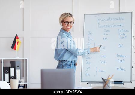 Studying German online. Friendly female teacher giving foreign language lesson online, explaining grammar to pupils Stock Photo