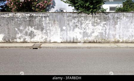 Peeled white plaster wall stained with moss. Concrete sidewalk and asphalt road in front, house on behind. Grunge background for copy space Stock Photo