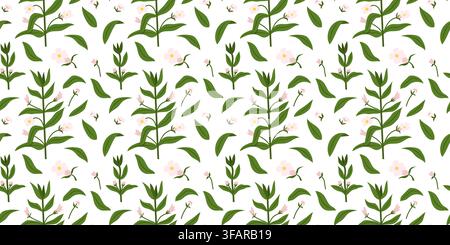 Cute hand drawn vector seamless pattern with green hedge hyssop branches and pink flowers on white background Stock Vector