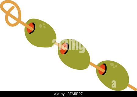 Cute hand drawn vector illustration of three green stuffed olives on a wooden cocktail skewer isolated on white background Stock Vector