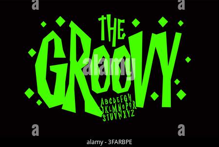 Groovy font, high uneven rough typeset, Halloween alphabet, crooked jumpy letters, witch style type, vector cartoon typographic design Stock Vector