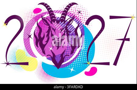 2027 Happy New Year Year Of The Goat. Hand drawn. Not AI, vector illustration. Stock Vector