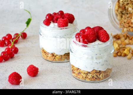 Healthy Yogurt Parfaits with muesli in jars decorated with raspberry and red currant berries Stock Photo