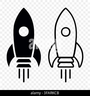 Rocket Icon Set, Vector Illustration. Black Silhouette and Outline Space Rockets. Startup Launch Symbol, Spacecraft, Spaceship. Business Growth Stock Vector