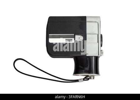 Retro vintage camera, analog camera with wrist strap on white background, isolated. Shooting in vintage style, Stock Photo