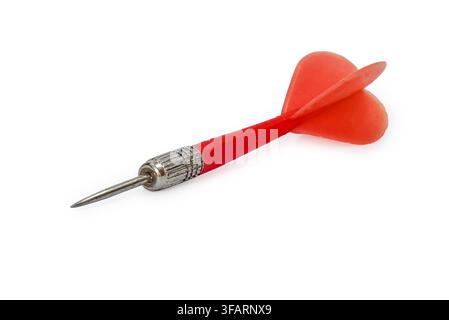 Red amateur dart with metal needle, bright plastic feathers and metal fluted barrel. White background, isolated. Stock Photo