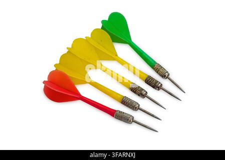 Amateur darts with metal needles, brightly colored plastic feathers, and metal fluted barrel. White background, isolated. Stock Photo