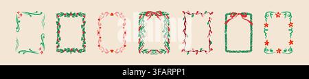 Set of Merry Christmas and Happy New Year crayon hand drawn frames. Watercolor whimsical coquette xmas rectangle border pencil drawing. Christmas tree Stock Vector