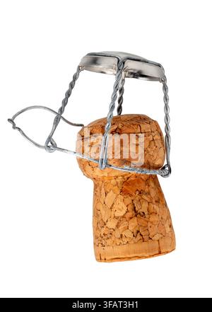 traditional sparkling wine cork with a metal wire hood cage, known as a muselet, isolated on a clean white background. Perfect concept for celebration Stock Photo