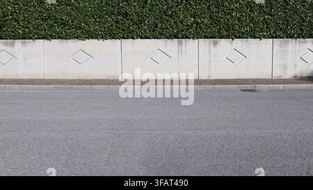 House fence made of prefab concrete wall with hedge above and carved rhombus shapes. Sidewalk and street in front. Background for copy space Stock Photo