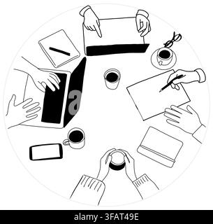 Hands gather around a table and collaborating Stock Vector