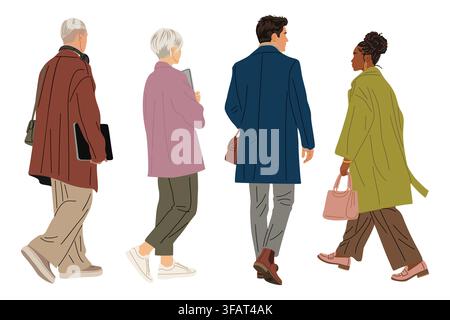 Four individuals walk away, dressed in warm coats Stock Vector