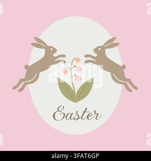 Two bunnies jumping over Easter text with flower in abstract egg shape. Seasonal design for holiday greeting card. Stock Vector