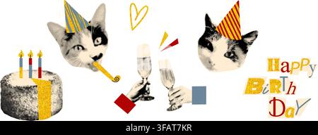 Happy Birthday cat collage elements set vector illustration Stock Vector