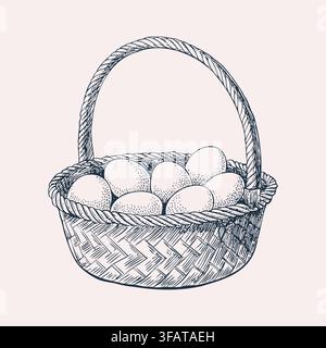 Basket of Fresh Chicken Eggs Vintage Sketch Stock Vector