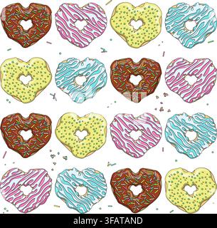 Seamless pattern with donuts in shape heart. Background with vector objects on white. Stock Vector