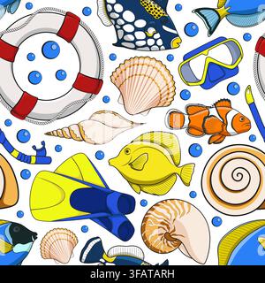 Seamless pattern with marine life, mask, and flippers. Colored vector background on white. Stock Vector