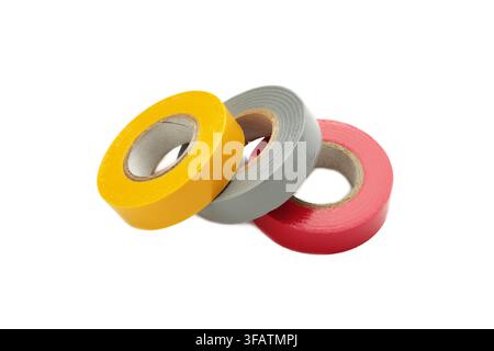 Rolls of insulation adhesive tape multicolored isolating tape isolated on white background. Top view Stock Photo