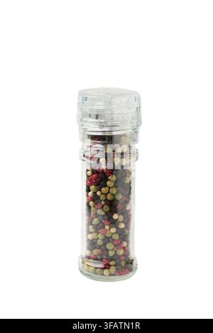 Plastic pepper mill isolated on white background. Top view Stock Photo