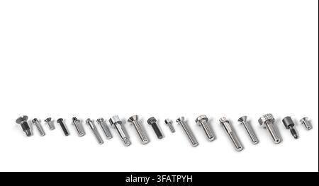Assortment of different screws, bolts 3d on white Stock Photo