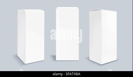 Realistic set of white carton boxes isolated on background. Vector illustration of blank 3d package mockup, rectangular cardboard pack with lid, template for beauty or medicine product presentation Stock Vector