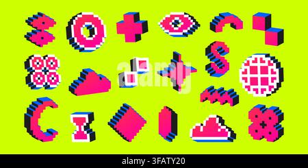 Retro pixel art icons, 3d acid color elements, y2k aesthetic stickers or game graphics on background. Digital 8 bit style vector characters of cloud, globe, hourglass symbol, trendy brutalist designs Stock Vector
