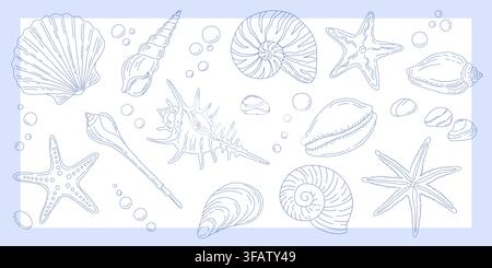Seashell and starfish collection in line art style. Ocean life marine pattern for summer vacation theme. Nautical hand drawn illustration. Stock Vector