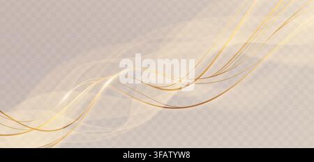 Luxury golden waves flow on transparent background. 3d vector realistic illustration of abstract pattern with soft gold and smooth smoke curves, elegant light effects for premium banner design Stock Vector