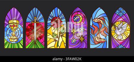Gothic church windows set with ornate frames isolated on black background. Vector realistic illustration, medieval cathedral architecture with stained glass, vintage religious patterns, classic arches Stock Vector